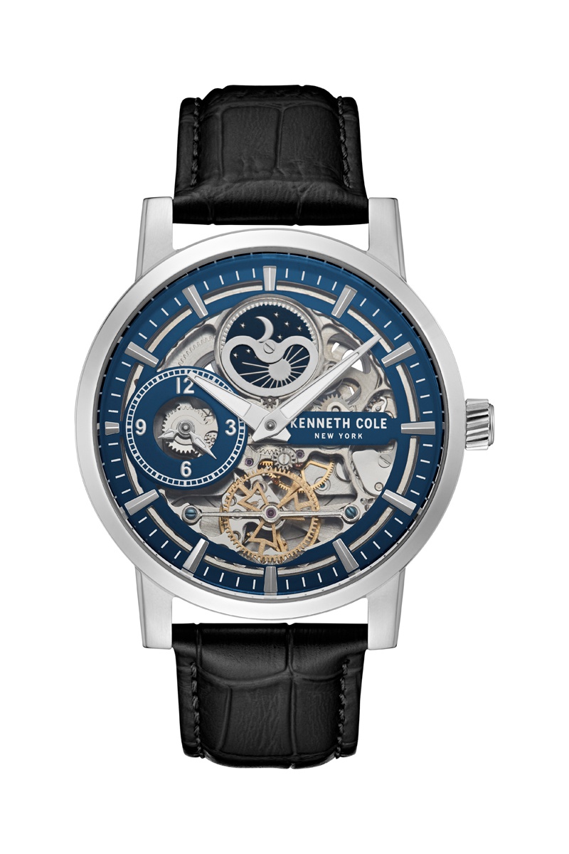 Montre automatique en cuir - Compteur phases de la lune - Noir et argenté