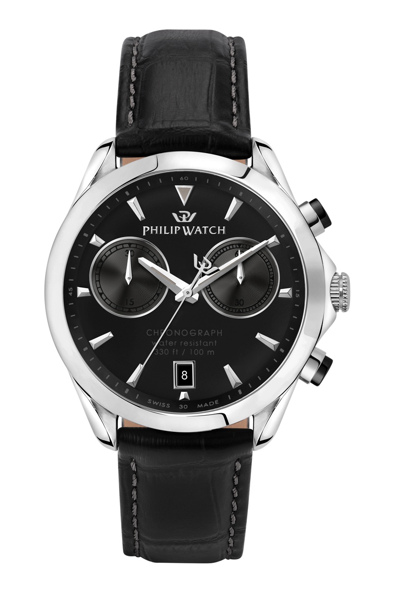 Montre à quartz en cuir - Chronographe Noir et argenté