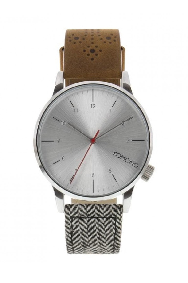 Coffret montre à quartz en textile et cuir Winston Galore Walnut/Herringbone Camel et argenté