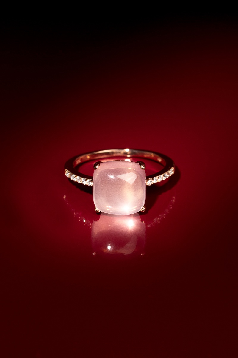 Bague Rose Dragée Or jaune, quartz rose et diamants