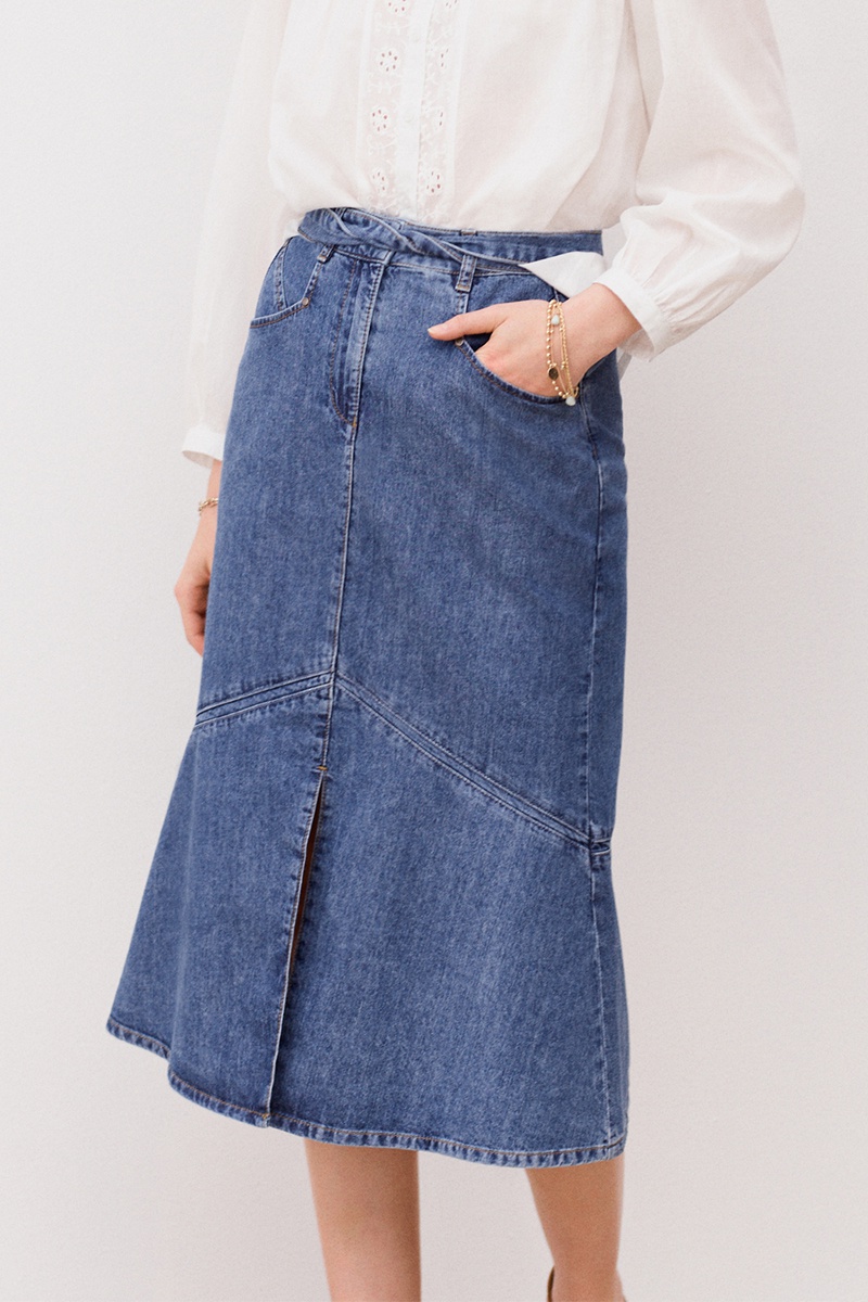 Jupe midi taille haute en jean Louka Bleu