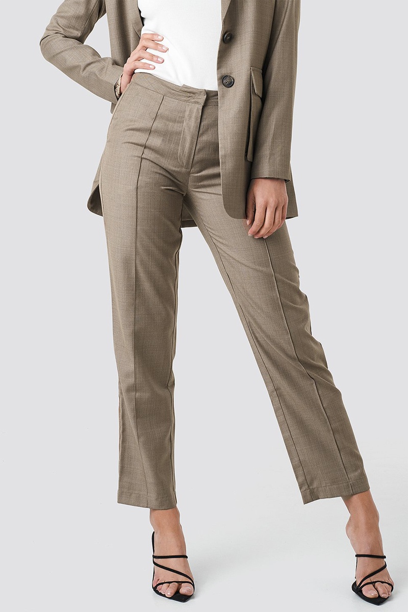 Pantalon droit taille haute Beige chiné