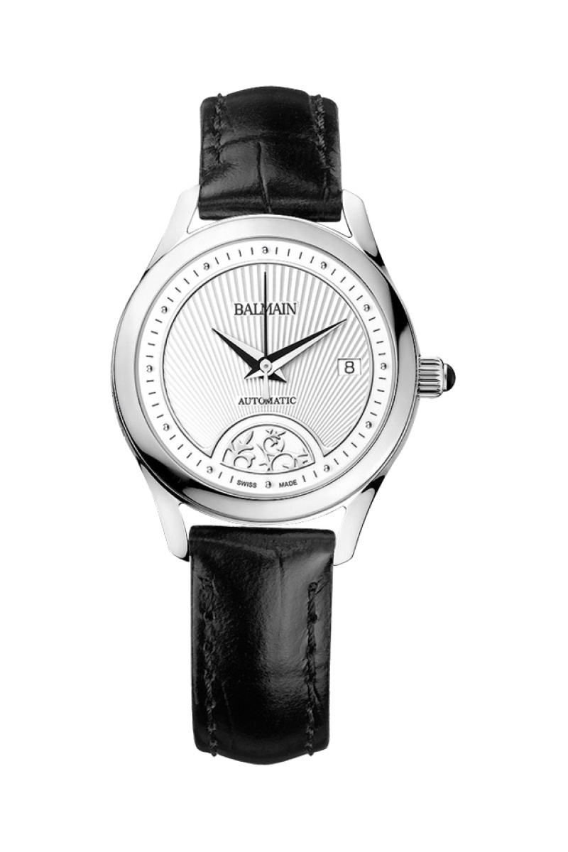 Montre automatique en cuir Maestria Lady Round - Noir et argenté