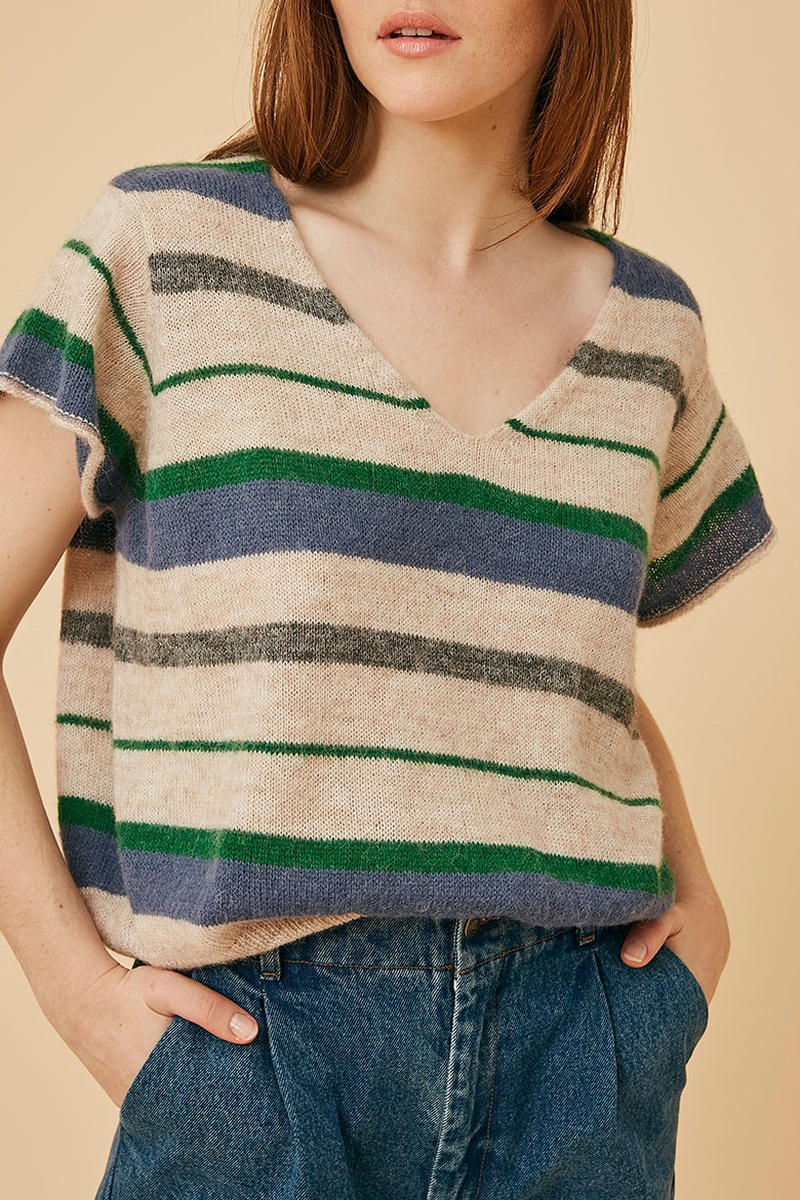 Top en laine et alpaga Oriana - Beige et indigo chiné