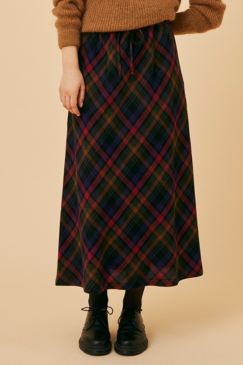 Jupe longue en laine Sylver - Vert foncé et rose