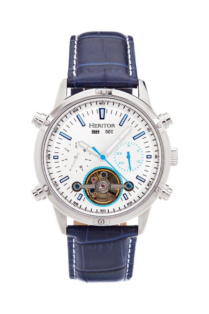 Montre automatique en cuir Wilhelm - Bleu et blanc