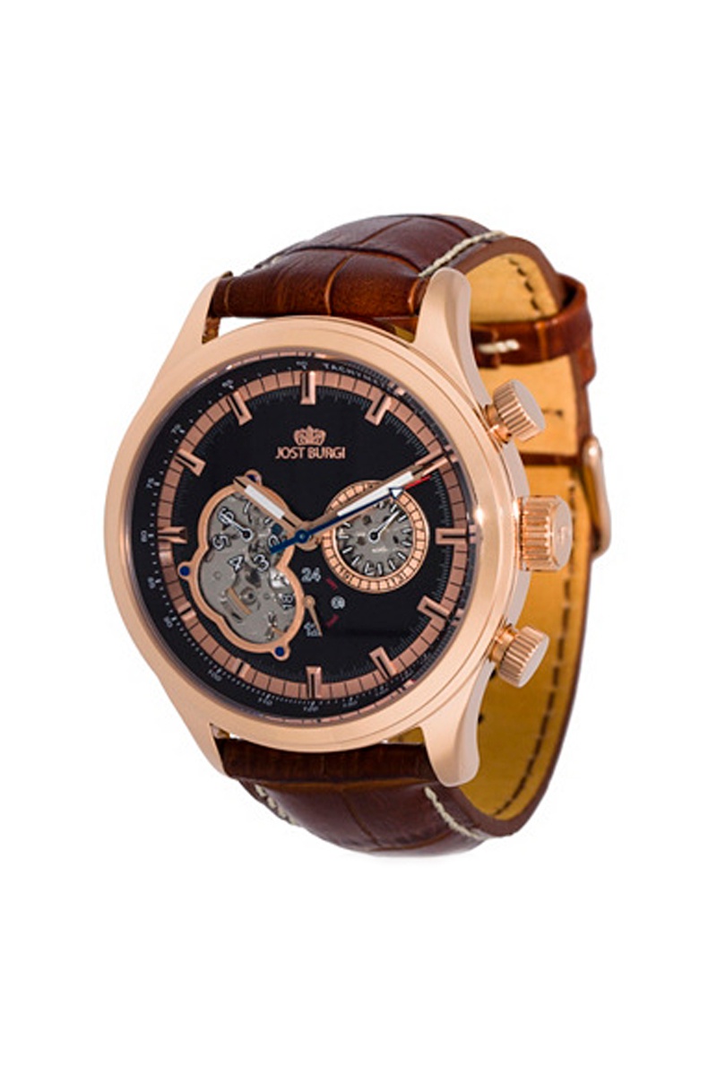 Montre automatique en cuir et doré à l'or fin rose Iconic - Tachymètre - Marron et doré rose