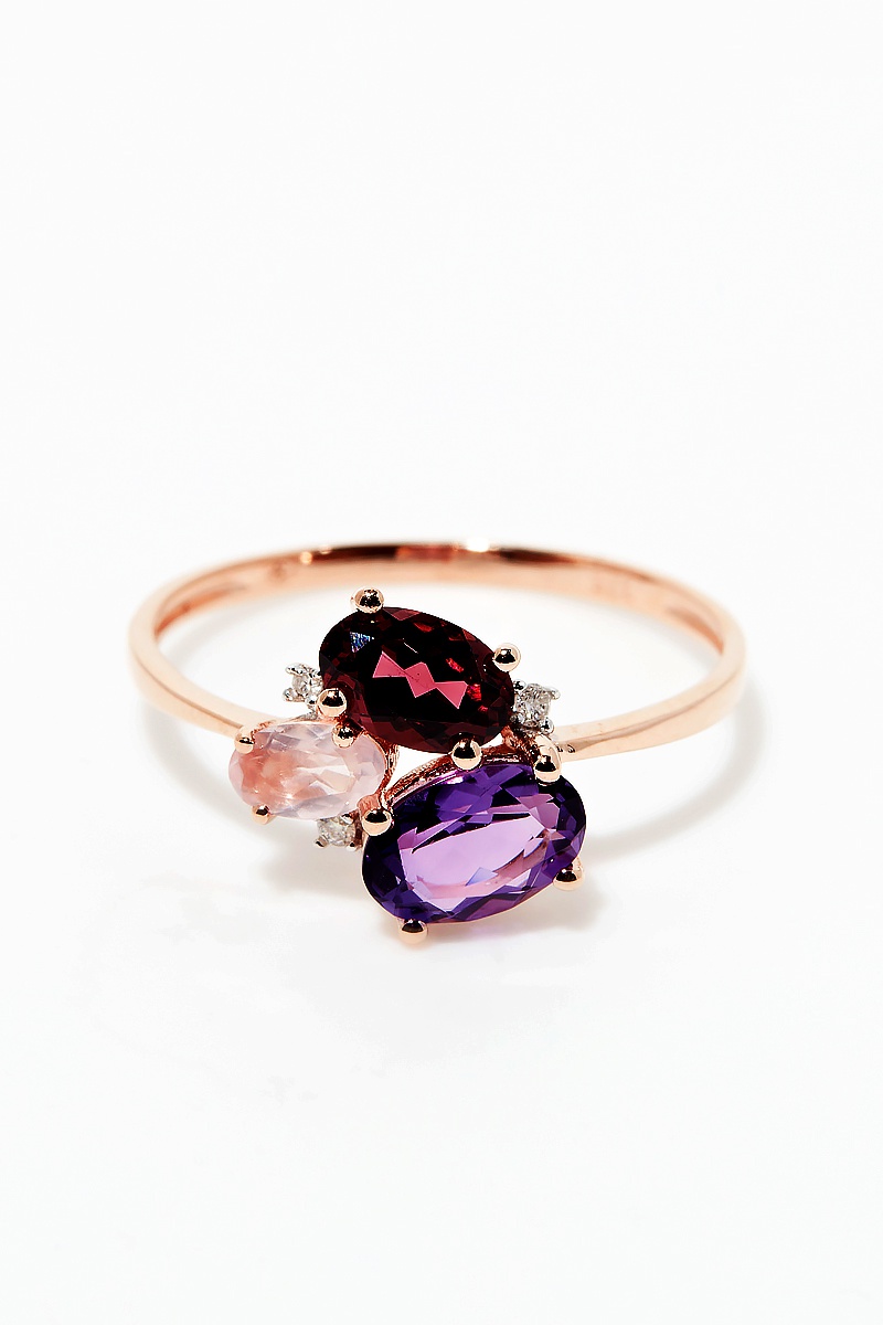 Bague Barbara - Or rose, améthyste, rhodolite et quartz rose