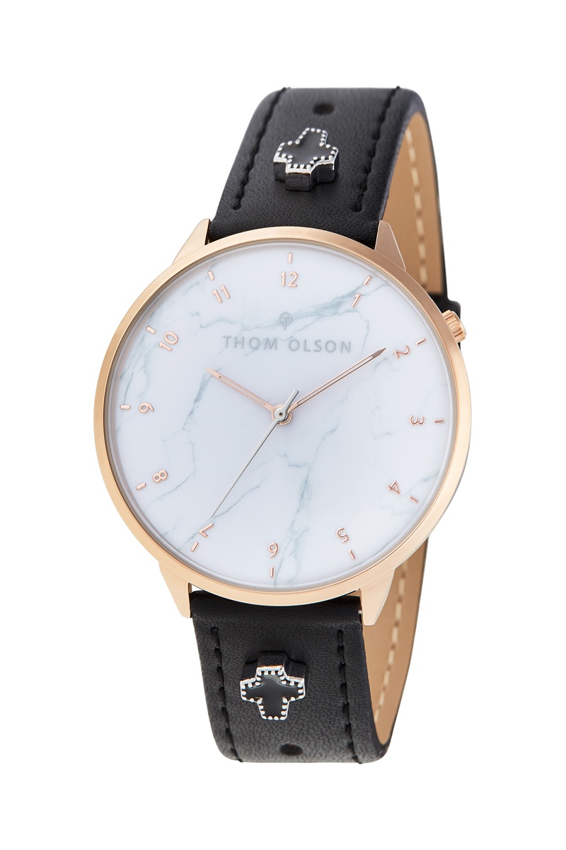 Montre à quartz en cuir Noir et doré rose - Thom Olson