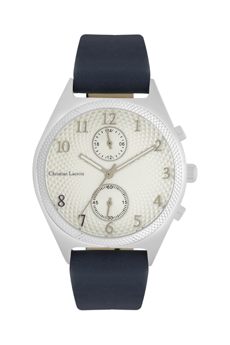 Montre à quartz en cuir - Bleu marine et argenté - Christian Lacroix