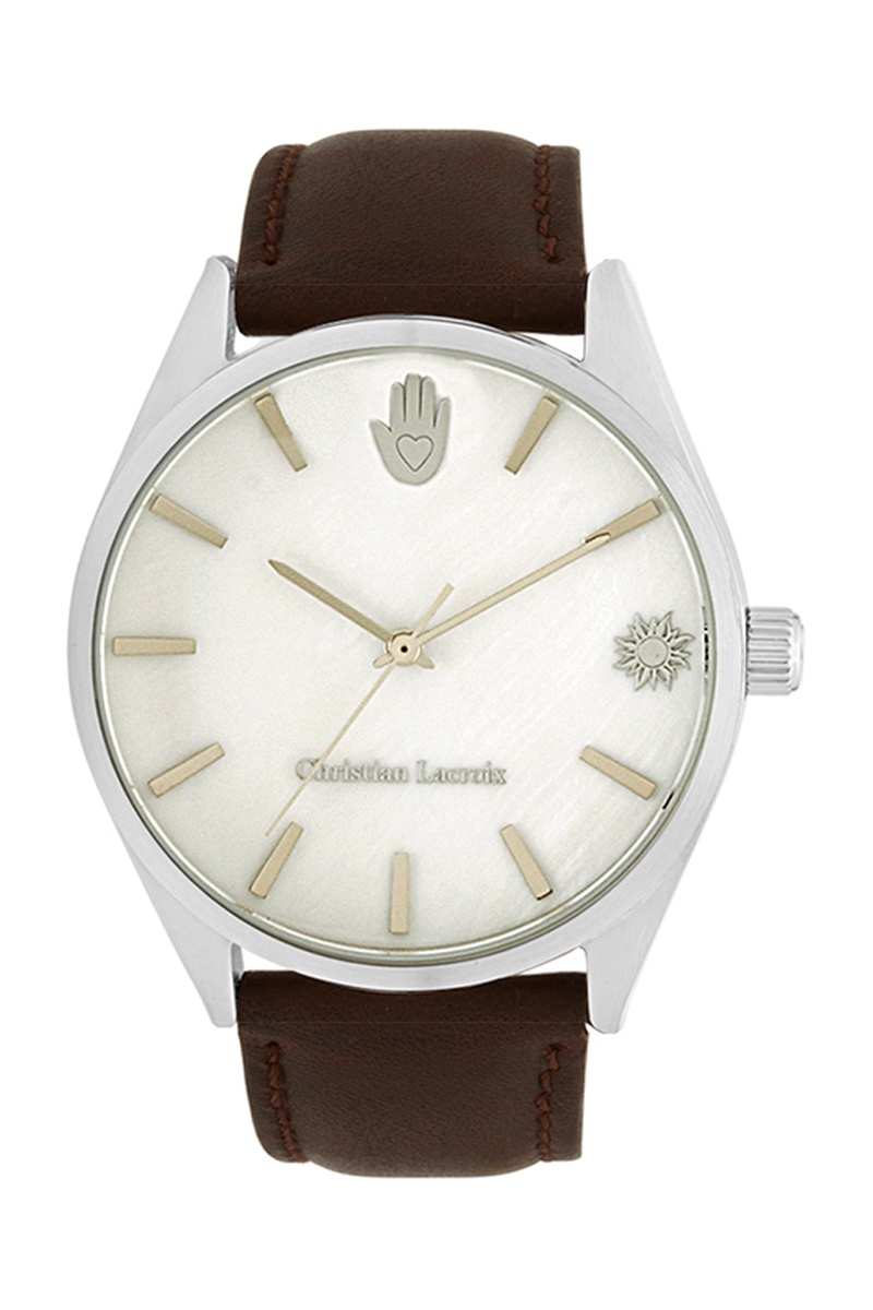 Montre à quartz en cuir Miyota 2015 - Marron et argenté - Christian Lacroix