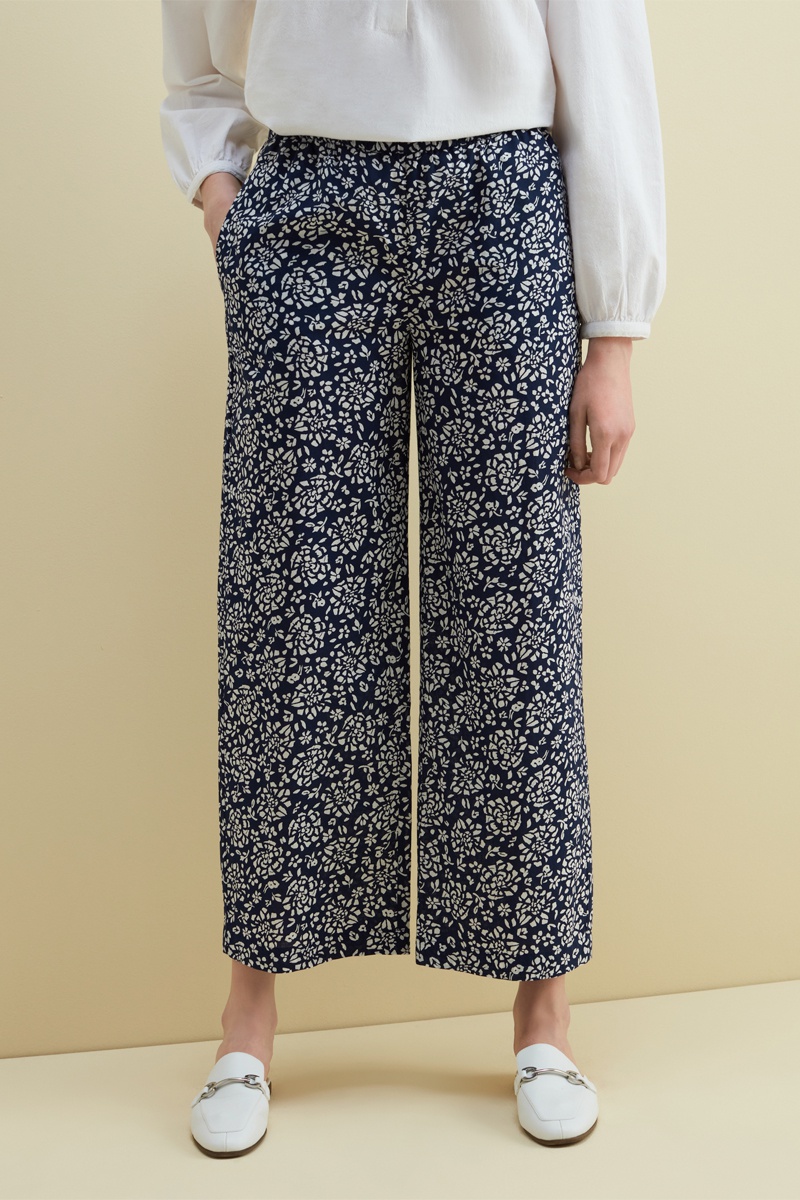 Pantalon droit 7/8 taille haute Bleu marine et blanc