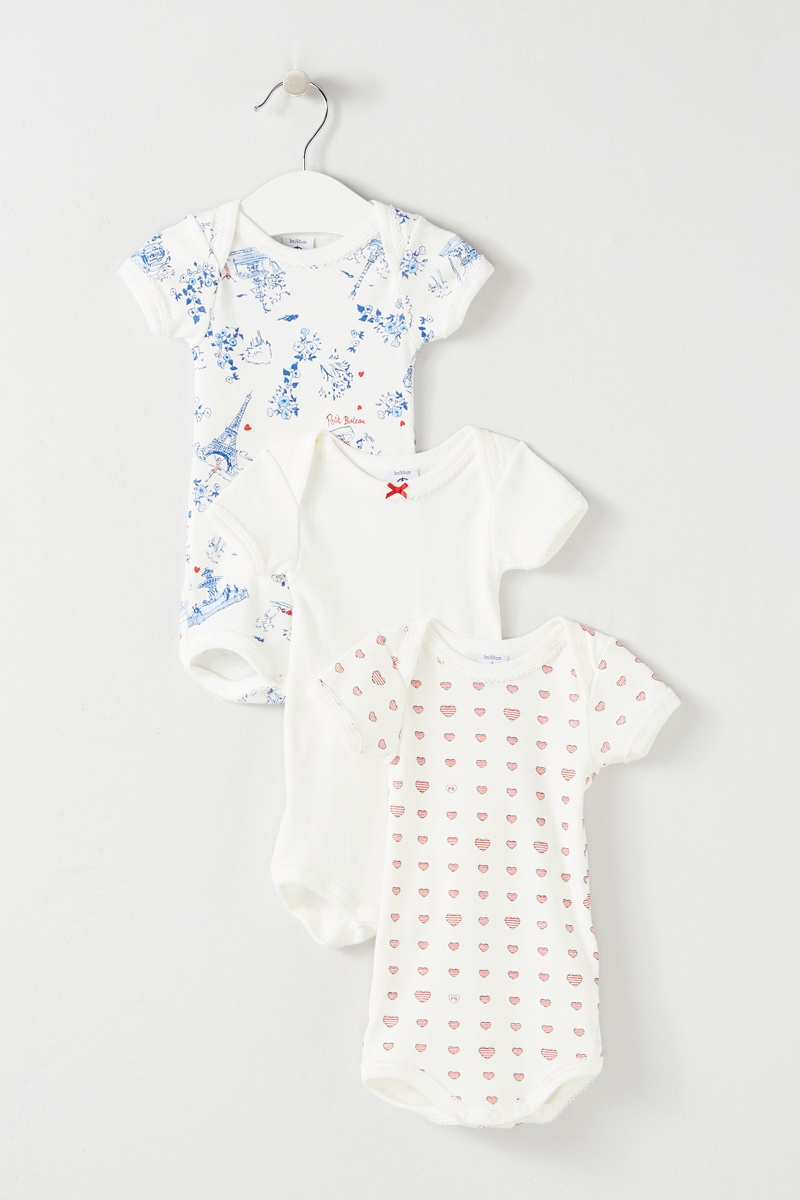 3 bodys Blanc, bleu et rose