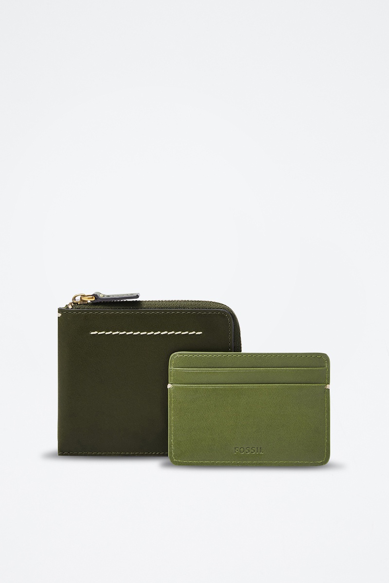 Porte-monnaie et porte-cartes en cuir L-Zip - Olive
