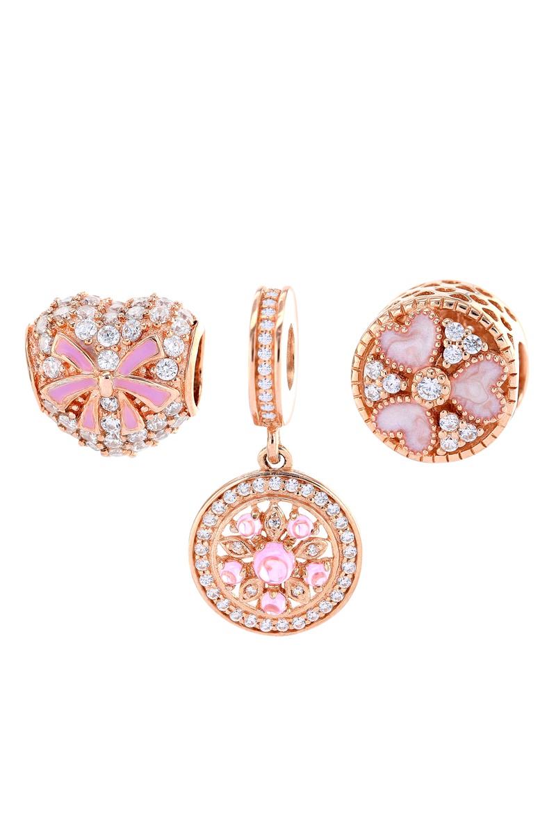2 charms et 1 charm pendant Argent et plaqué or rose