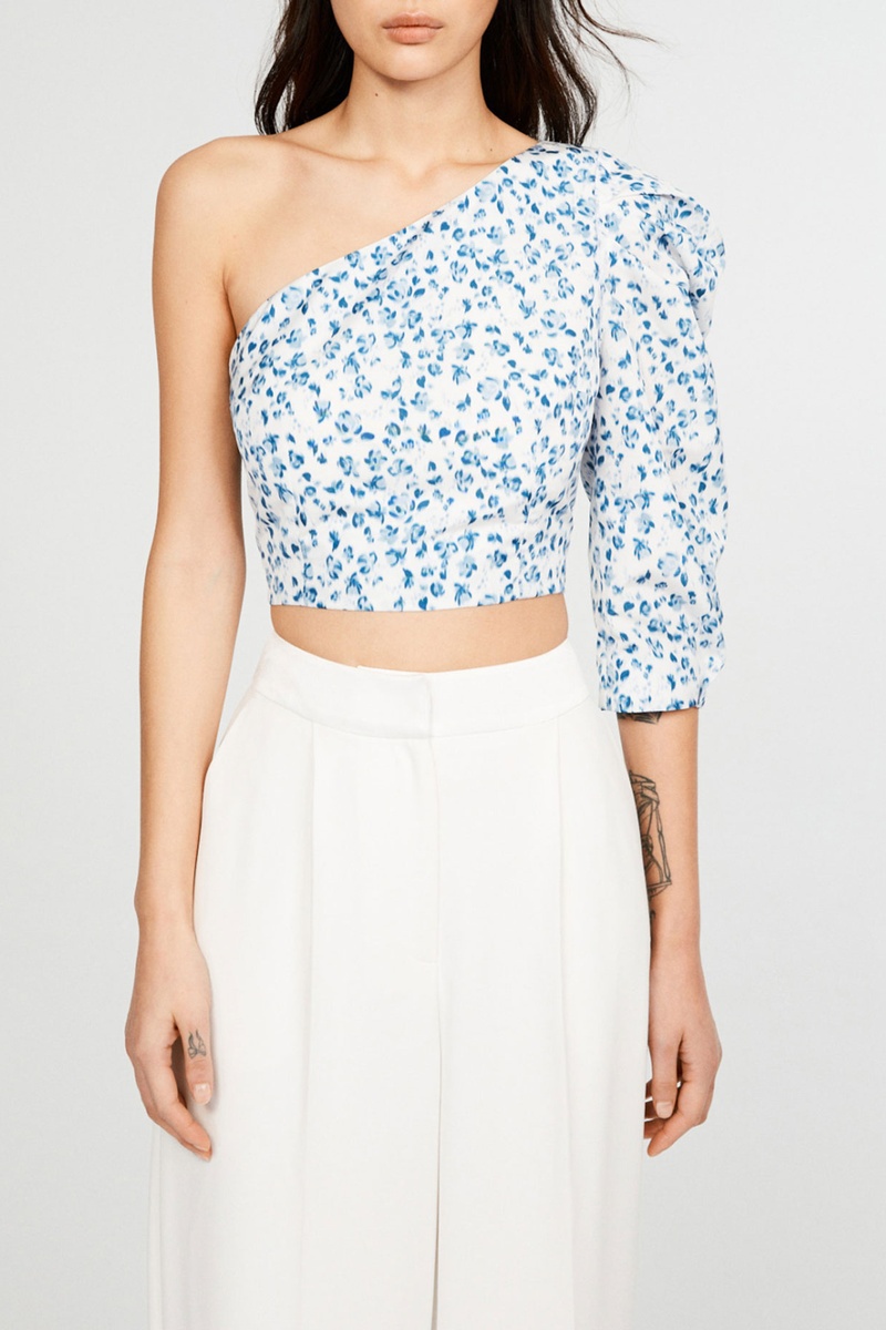 Crop top asymétrique Blanc et bleu clair