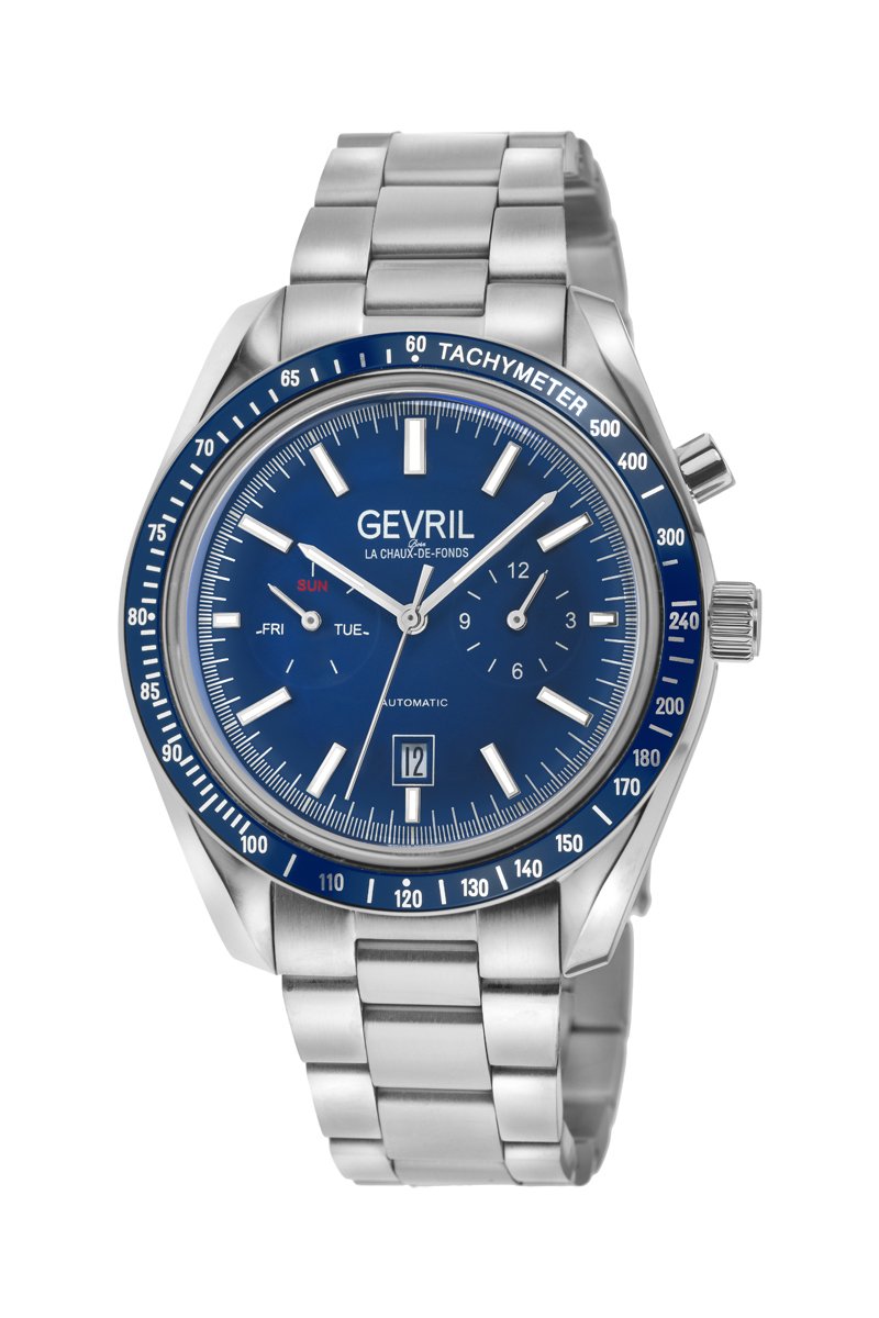 Montre automatique en acier - Tachymètre - Argenté et bleu foncé