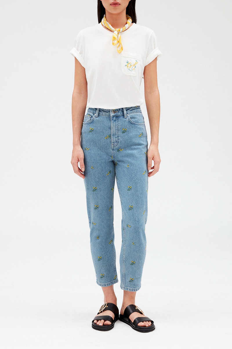 Jean droit brodé Bleu