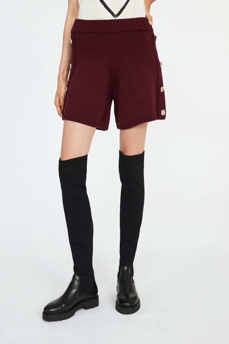 Short taille haute en laine Bordeaux