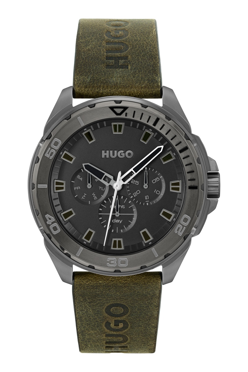 Montre à quartz en cuir Tachymètre et chronographe - Kaki