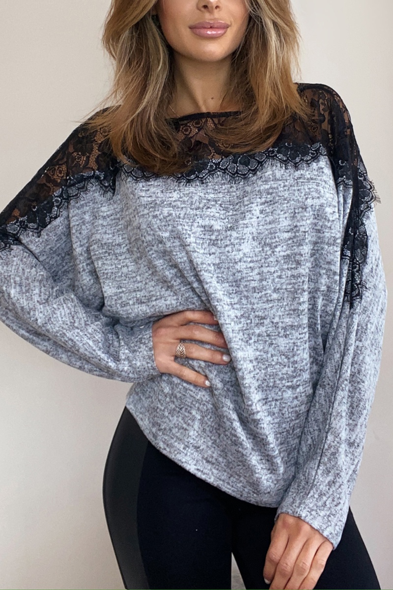 Top bi-matière Gris clair chiné et noir