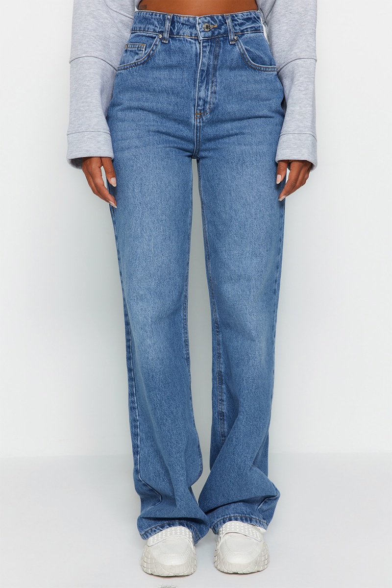 Trendyol Mujer Azul Vaquero Recto De Tiro Alto