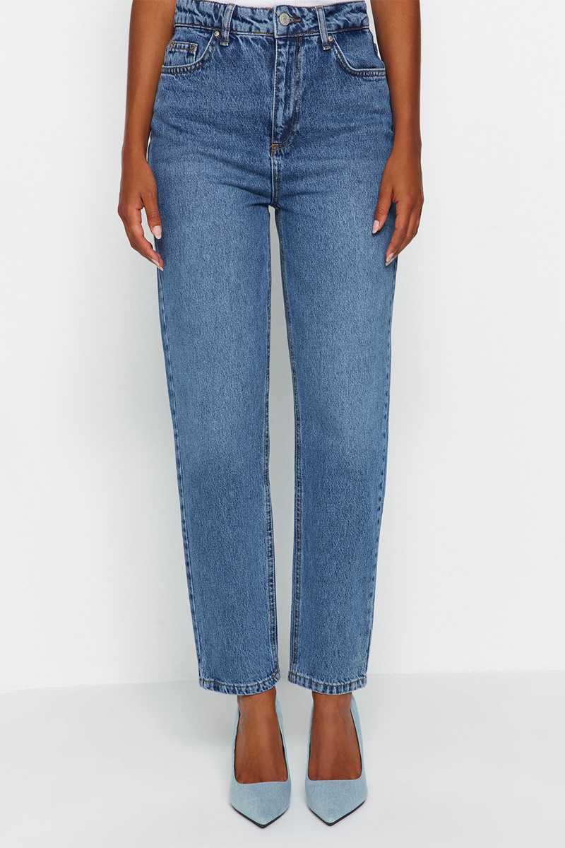 Trendyol Mujer Azul Vaquero Mom De Tiro Alto