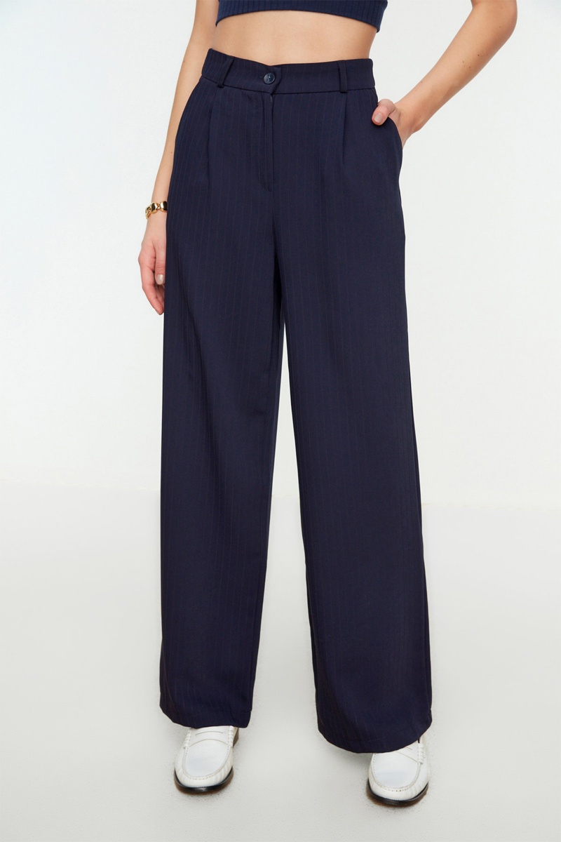Trendyol Mujer Azul Pantalón Palazzo De Tiro Alto Marino