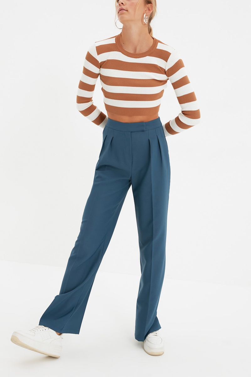 Trendyol Mujer Azul Pantalón Palazzo De Tiro Alto Petróleo