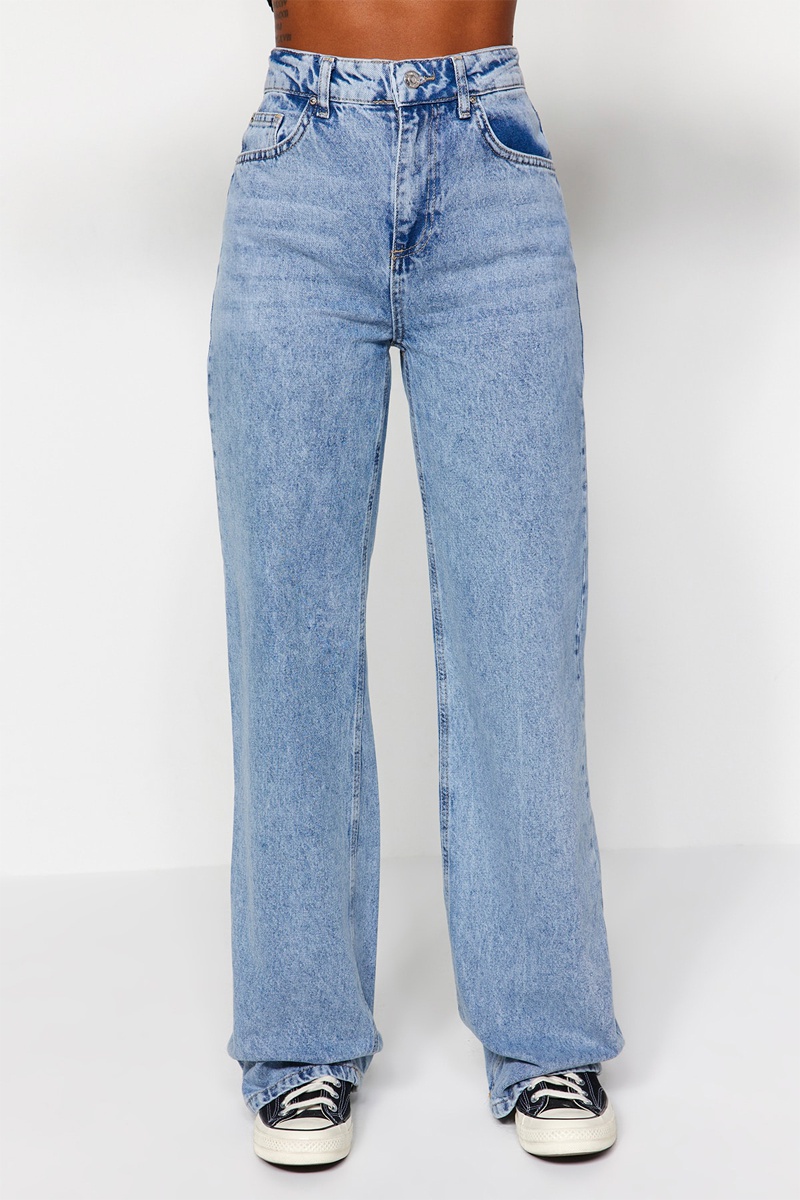 Trendyol Mujer Azul Vaquero Recto De Tiro Alto