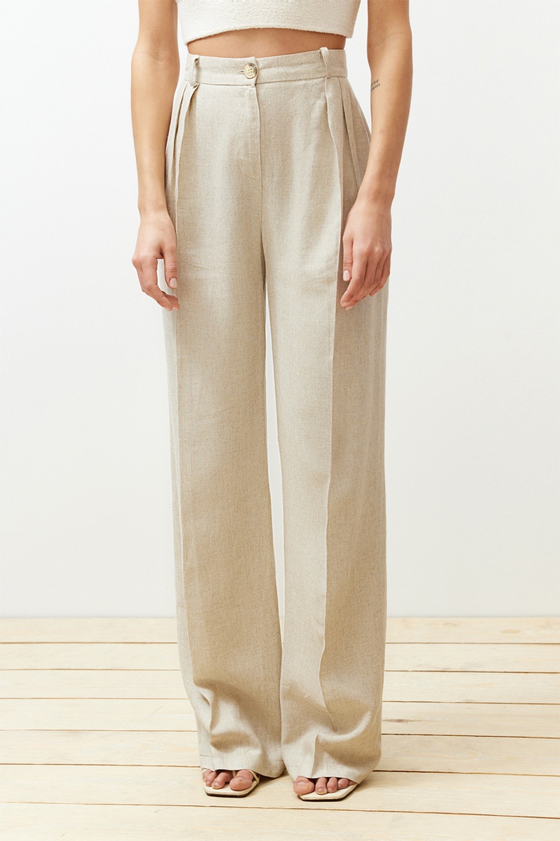Trendyol Mujer Beige Pantalón Wide Leg De Tiro Alto - Jaspeado
