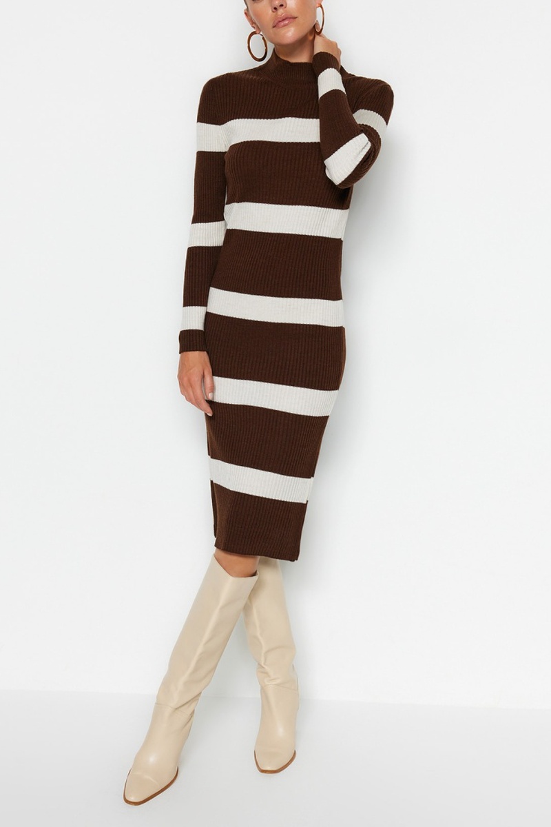 Trendyol Mujer Marrón Vestido Jersey Y Crudo