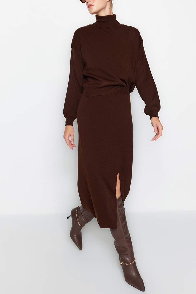 Trendyol Mujer Marrón Jersey Y Falda