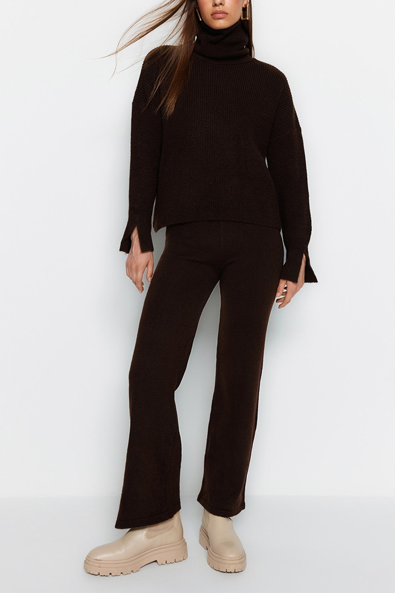 Trendyol Mujer Marrón Jersey Y Pantalón Recto De Tiro Alto Oscuro