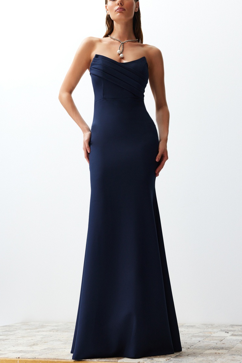 Trendyol Mujer Azul Vestido Bustier Largo