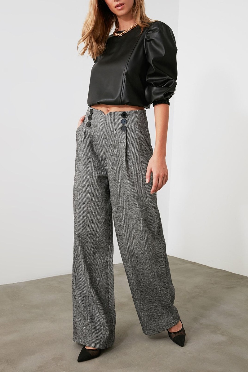 Trendyol Mujer Gris Pantalón De Tiro Alto