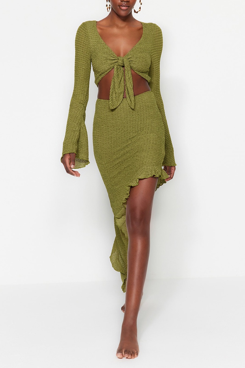 Trendyol Mujer Verde Crop Top Y Falda Asimétrica De Talle Alto - Caqui