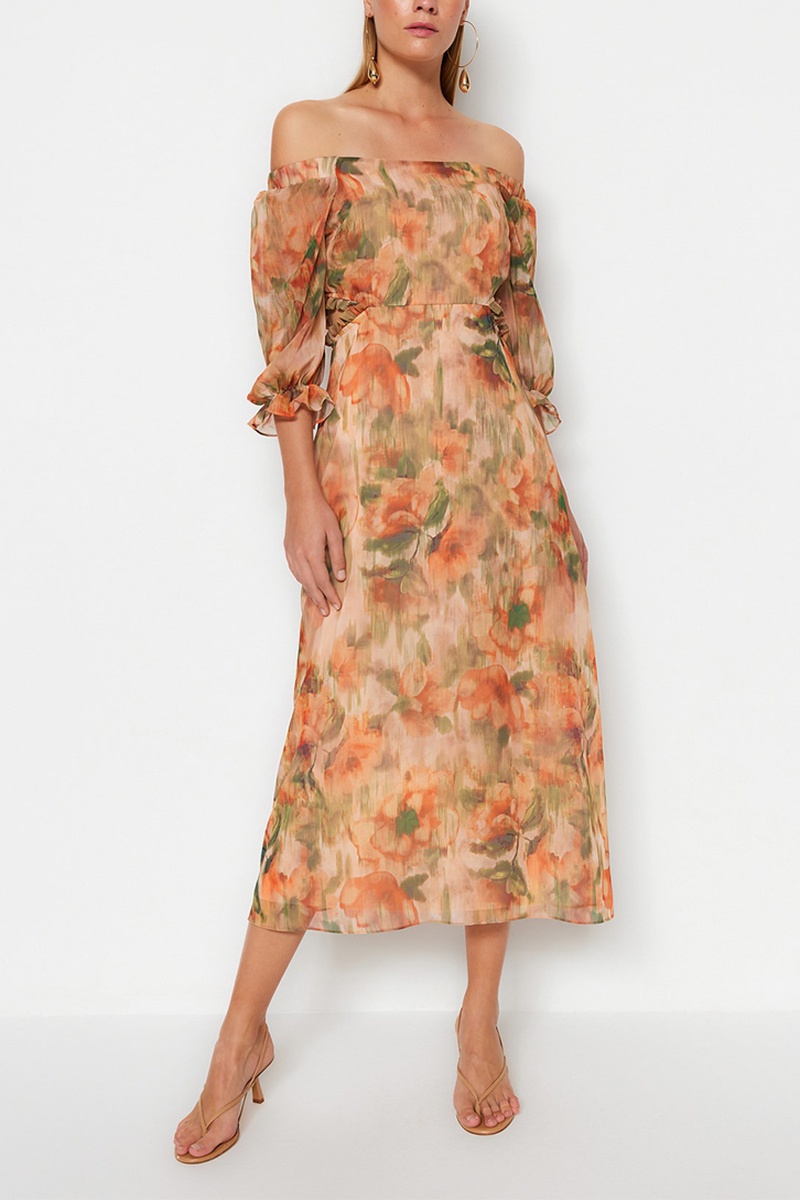 Trendyol Mujer Blanco/Verde/Naranja Vestido Largo