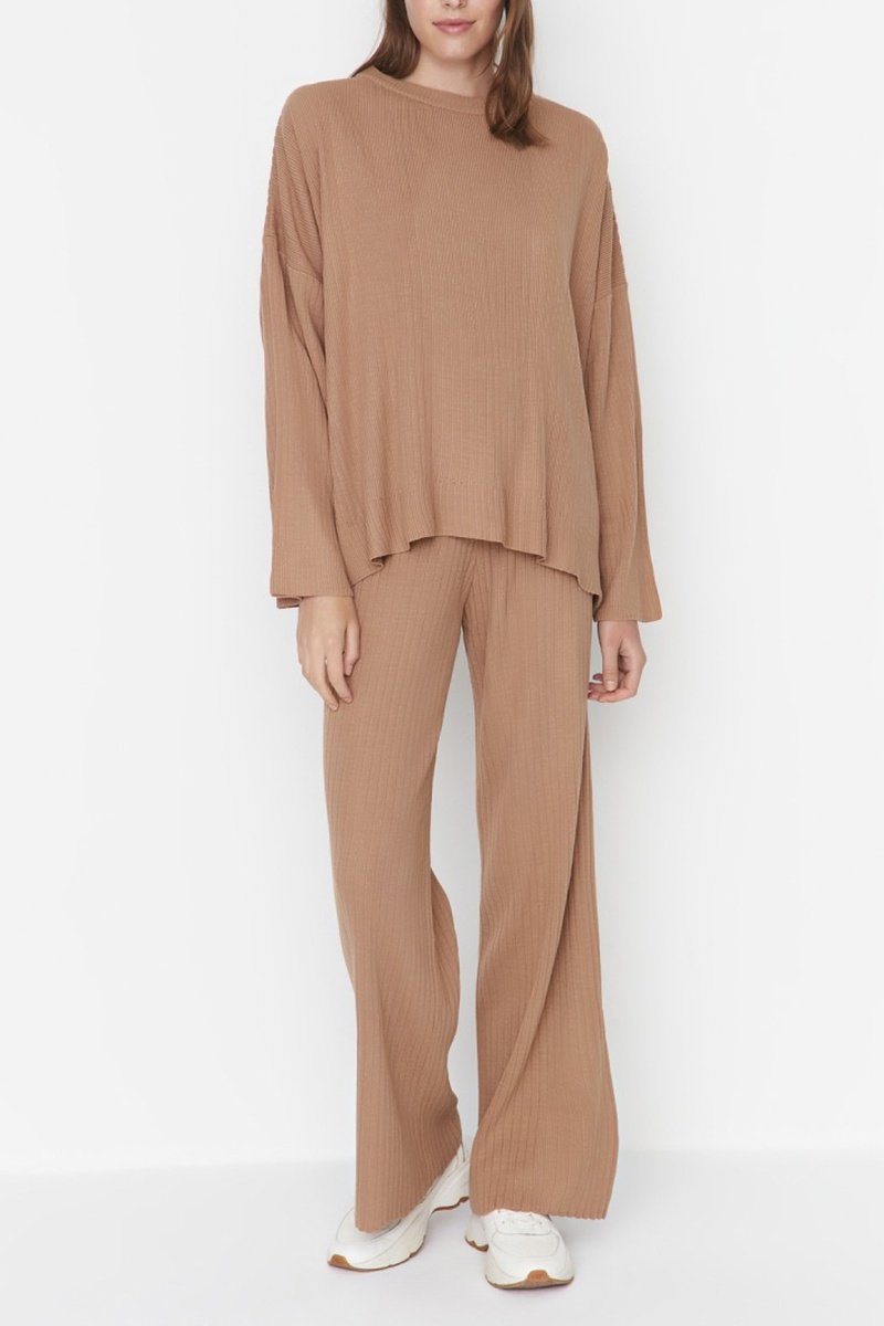 Trendyol Mujer Marrón Jersey Y Pantalón Wide Leg Camel