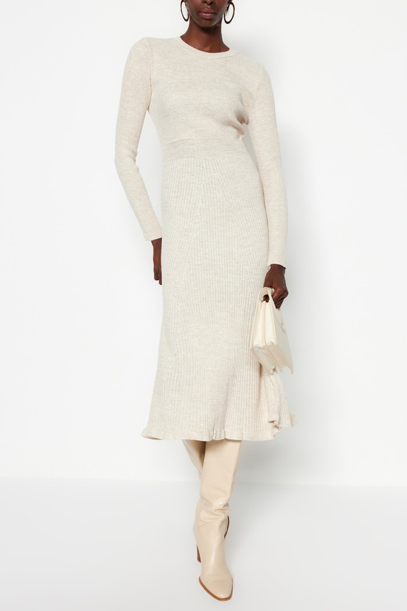 Trendyol Mujer Beige Vestido Jersey Jaspeado