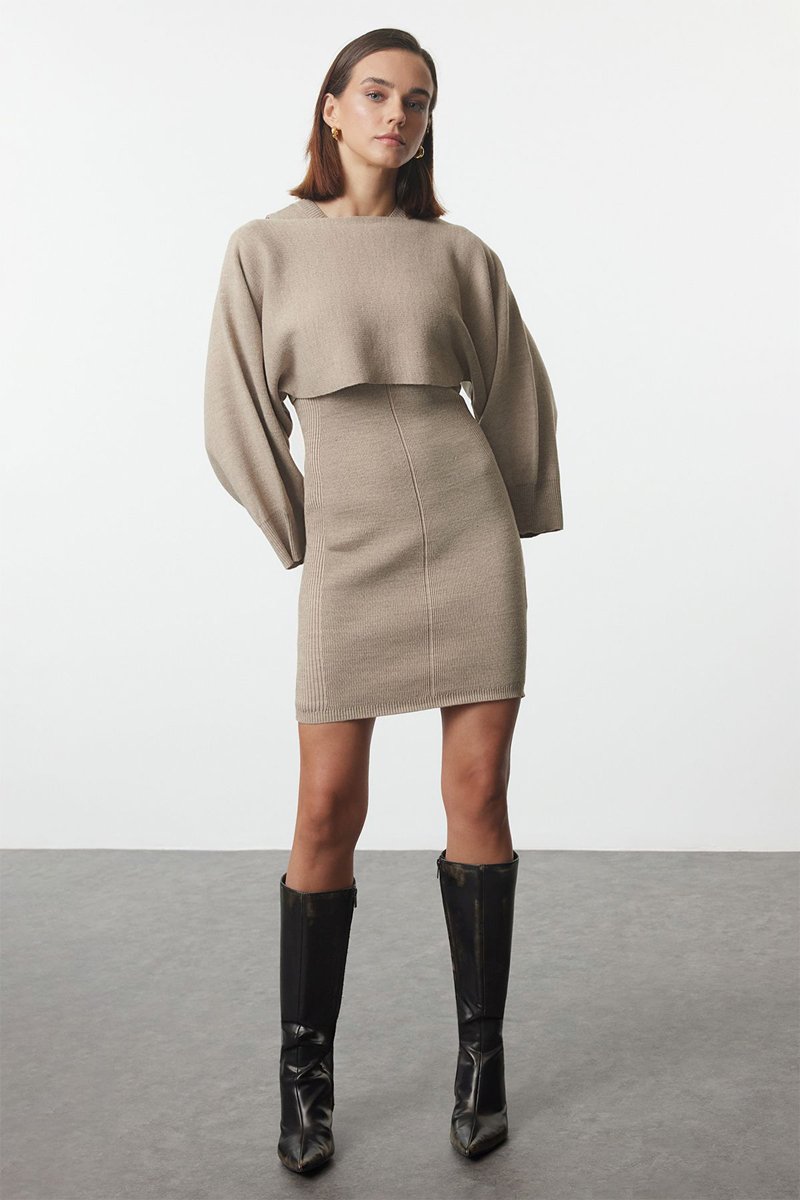 Trendyol Mujer Beige Vestido De Tubo Y Jersey