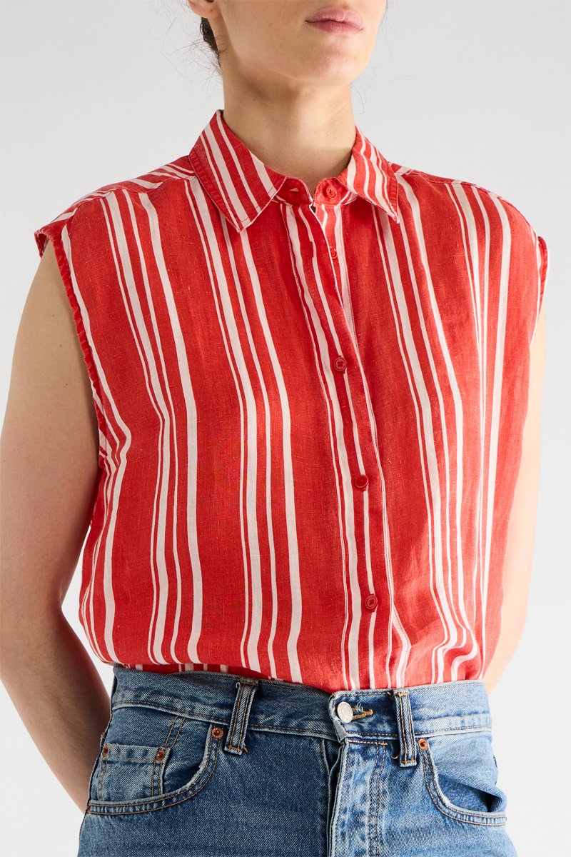 Chemisier sans manches en lin - Rouge et blanc