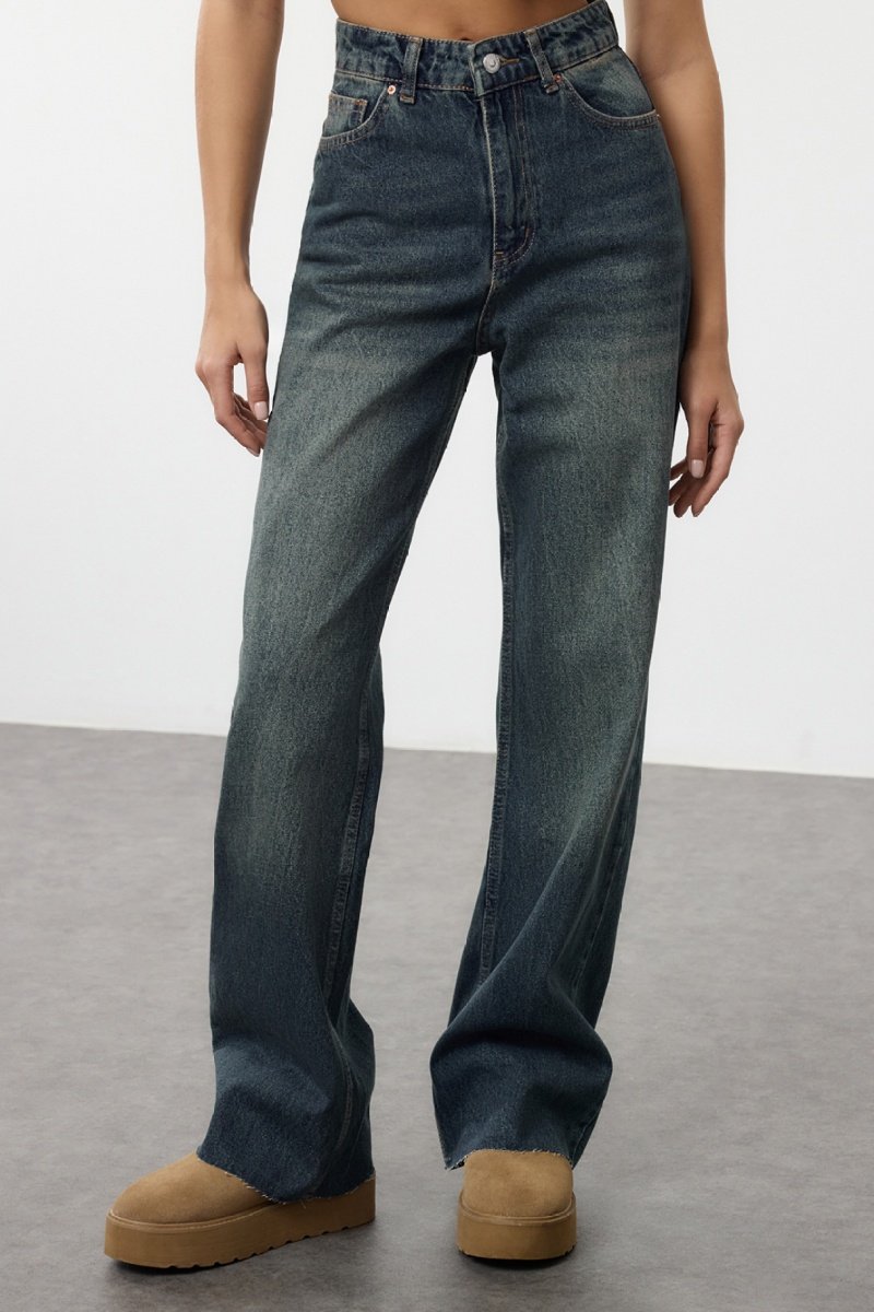 Trendyol Mujer Azul Vaquero Recto De Tiro Alto