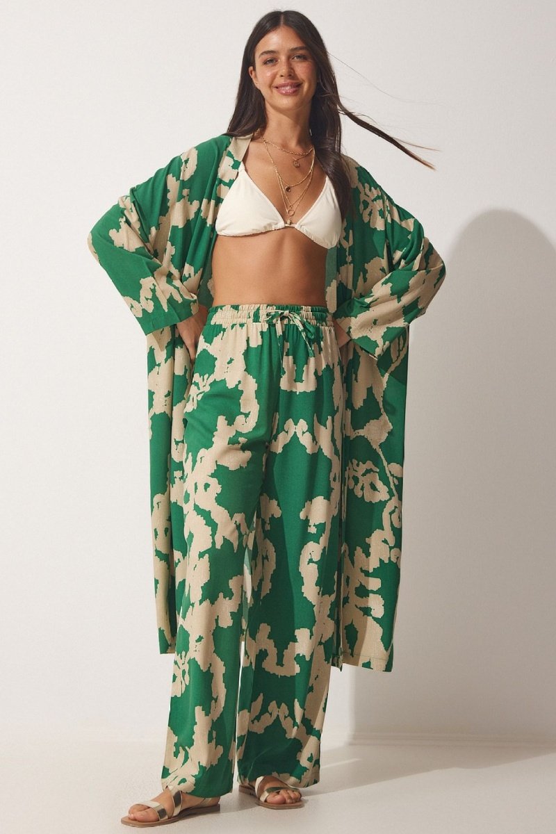 Trendyol Mujer Beige/Verde Kimono Y Pantalón Palazzo De Tiro Alto - Y