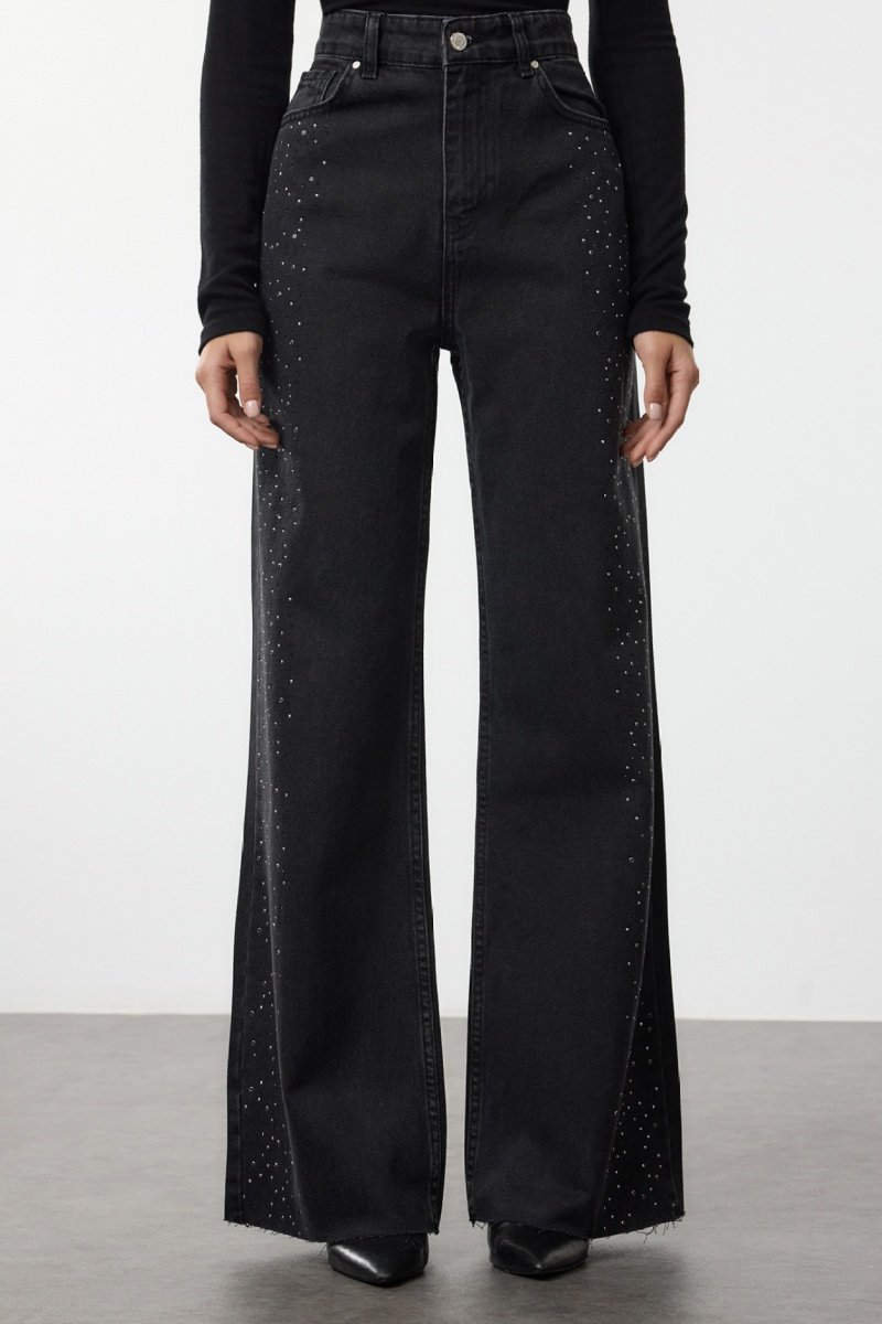 Trendyol Mujer Negro Vaquero Wide Leg De Tiro Alto