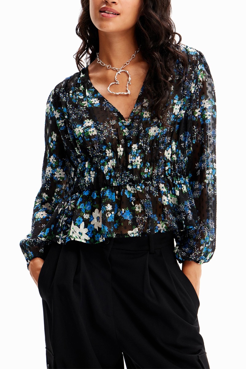 Desigual Mujer Blanco/Negro/Azul/Estampado Blusa Regular Fit