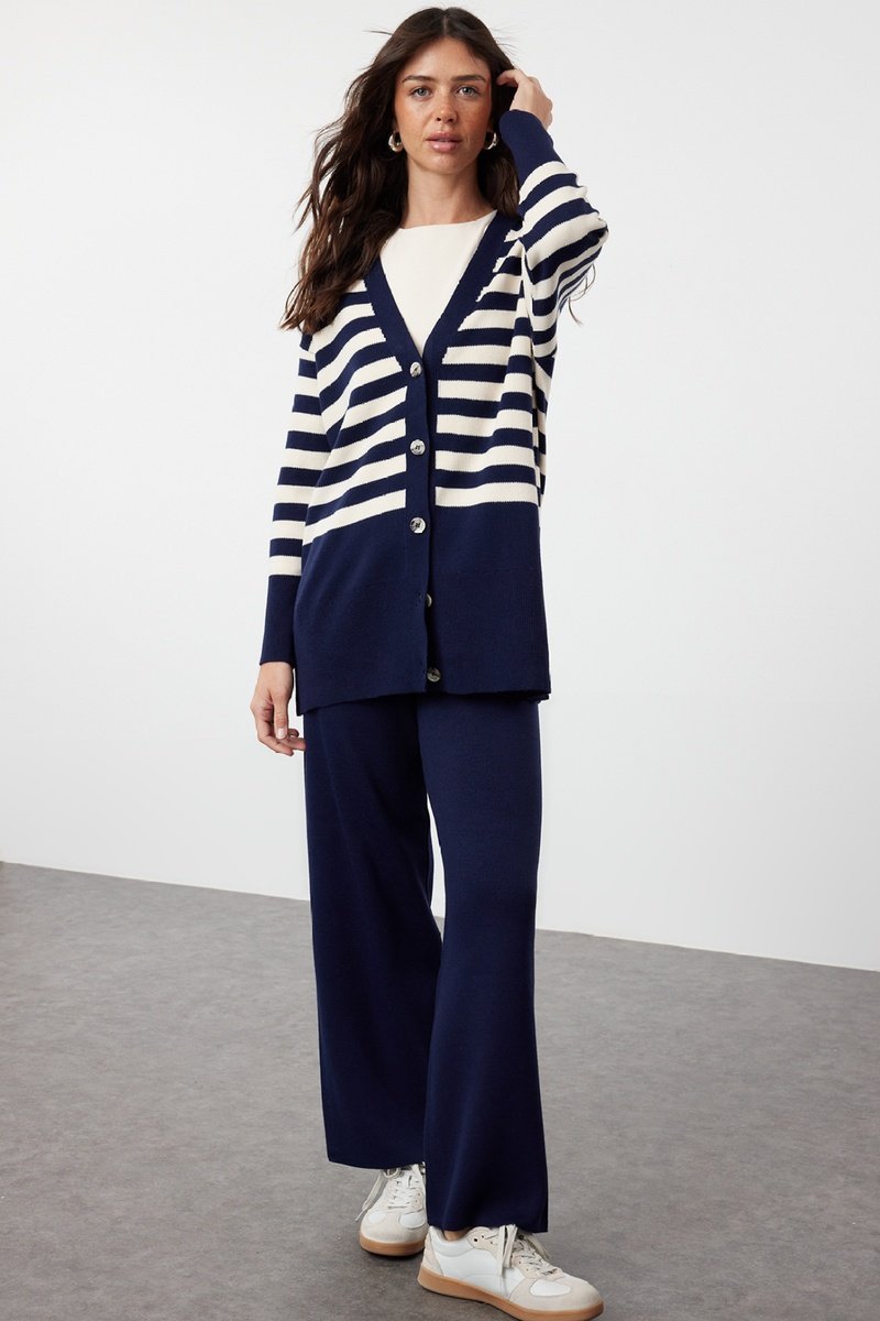 Trendyol Mujer Blanco/Azul Cárdigan Y Pantalón Regular Fit - Marino