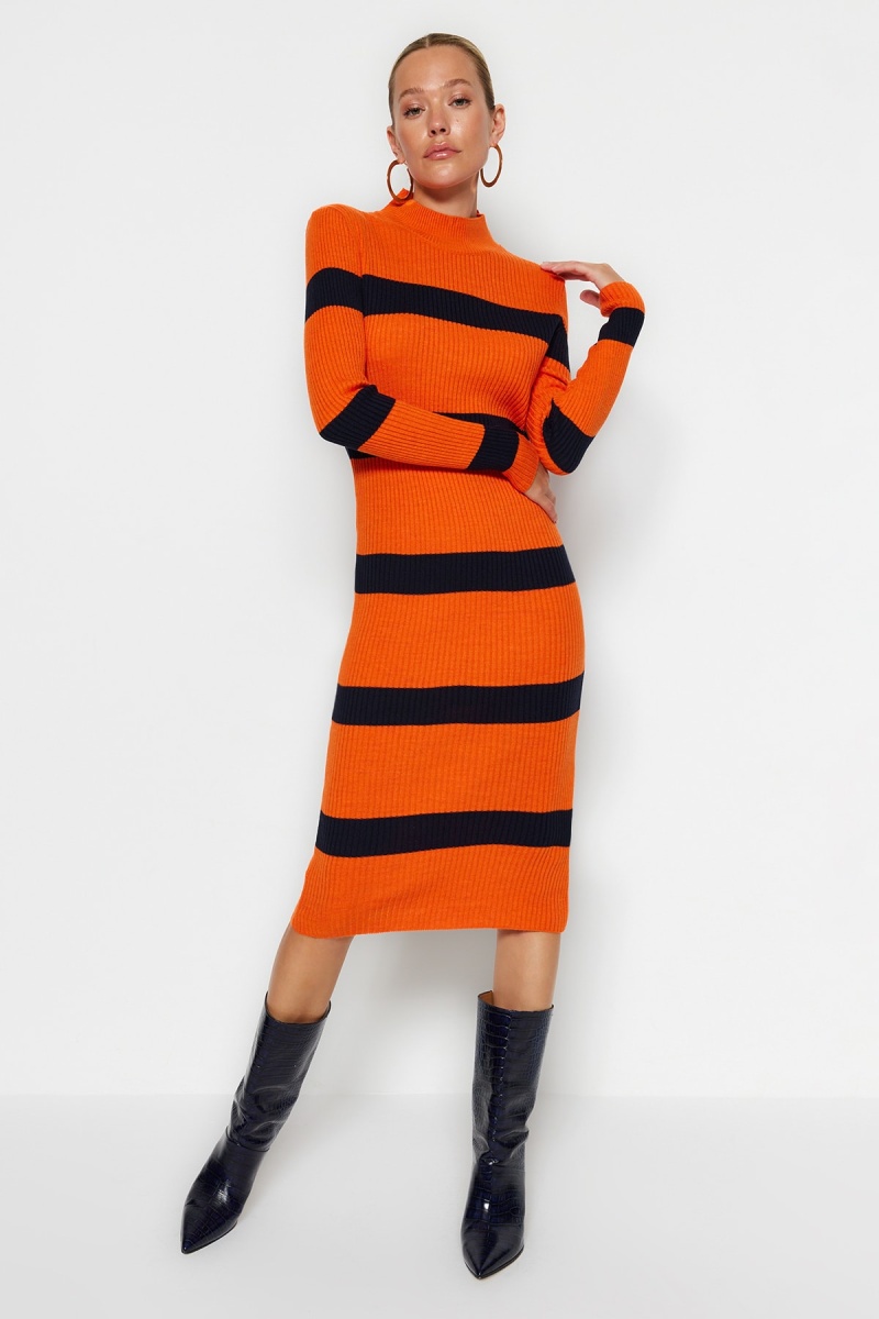 Trendyol Mujer Negro/Naranja Vestido Midi Slim Fit