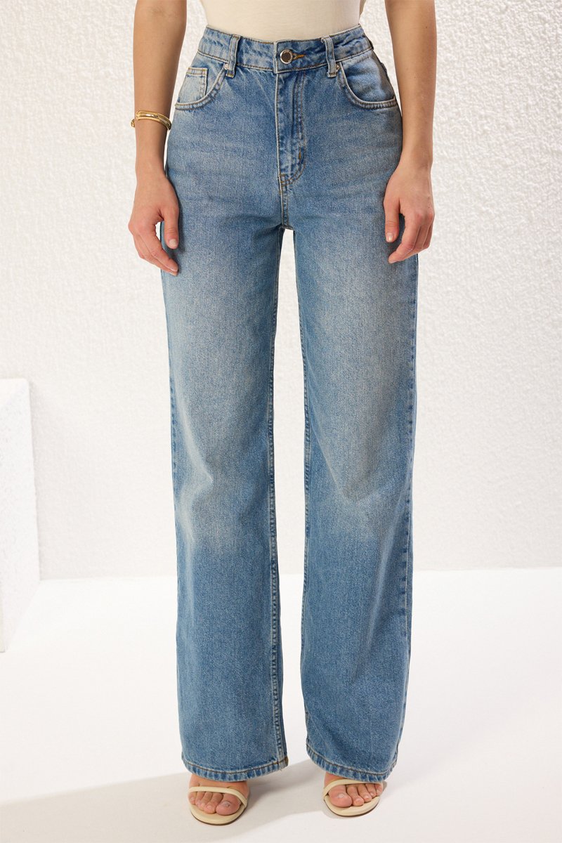 Trendyol Mujer Azul/Blanco Vaquero Wide Leg De Tiro Alto