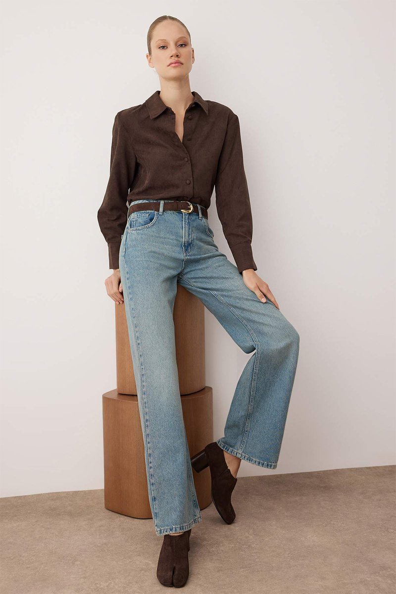 Trendyol Mujer Azul Vaquero Wide Leg De Tiro Alto